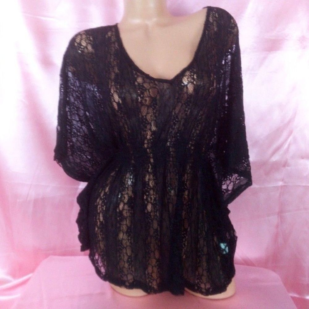 1242  LARGE Annabella Collection Black Lace Swim Cover L